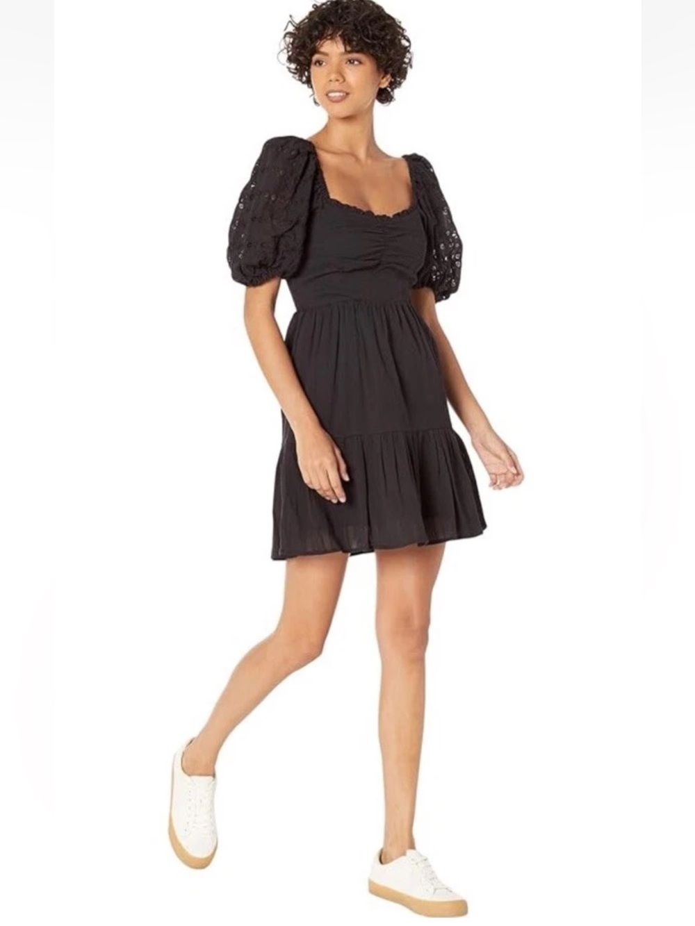 Heartloom Cella Puff Sleeve Cotton Voile Flare Dress in Black Size Large NWT